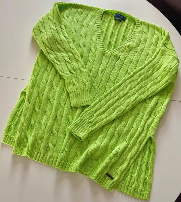 Polo Ralph Lauren oryginalny sweter damski z dekoltem w szpic limonka bawełna