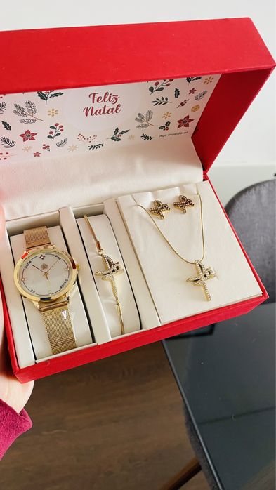 Presente de Natal, Conjuntos de Joias, Relógio+Pulseira+Colar+Brinco