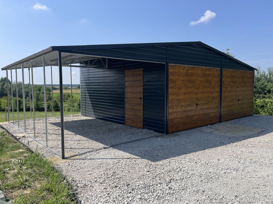 Garaż blaszany 6x6 + wiata 2x6. Profil zamknięty ocynkowany.