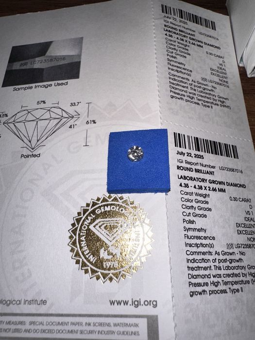 Лабораторный бриллиант HPHT 0.30 ct D VS1 IGI сертификат