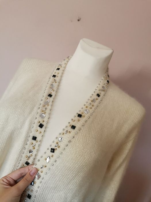 Sweter kardigan wełniany wełna angora kremowy beżowy kryształki L 40