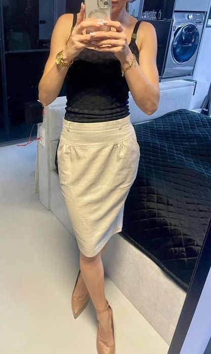 Beżowa lniana spódnica Orsay rozm. S ze złotym połyskiem