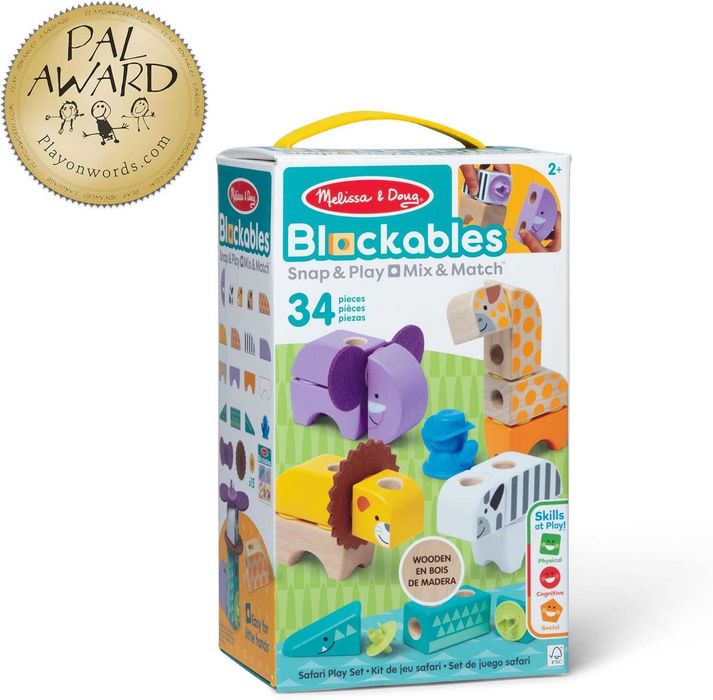 Melissa & Doug KLOCKI Blockables drewniane dzikie Zwierzęta Safari 34 elementy