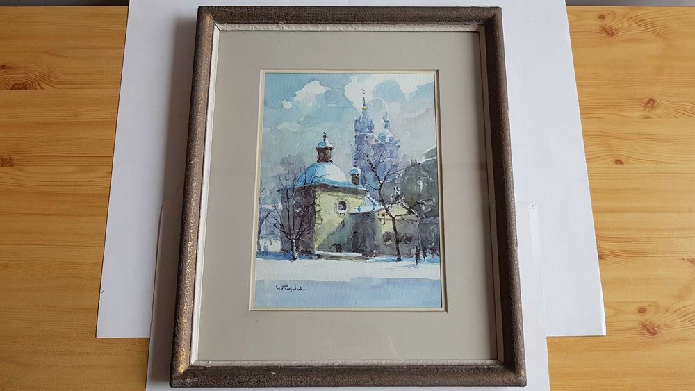 REZERWACJA Akwarela za szkłem „Rynek Główny” Henryk Sajdak 1905-1995, Kraków