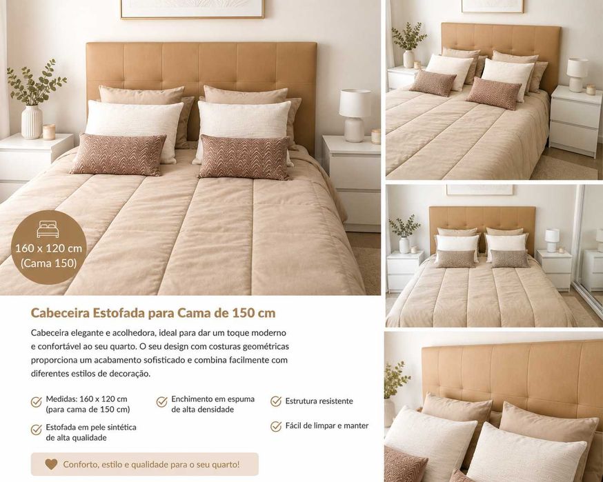 Cabeceira Estofada para Cama de 150 cm | Bege | 160 x 120 cm | NOVA
