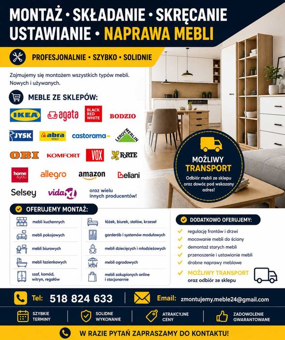 Montaż • Składanie • Skręcanie • Ustawianie • Naprawa Mebli • Transport