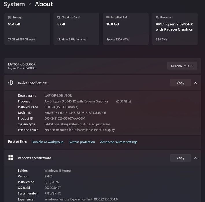 Lenovo Legion 5 PRO Ryzen 9 8945HX /16 Ram/ 1TB/ 5060/ WQXGA 240 Hz