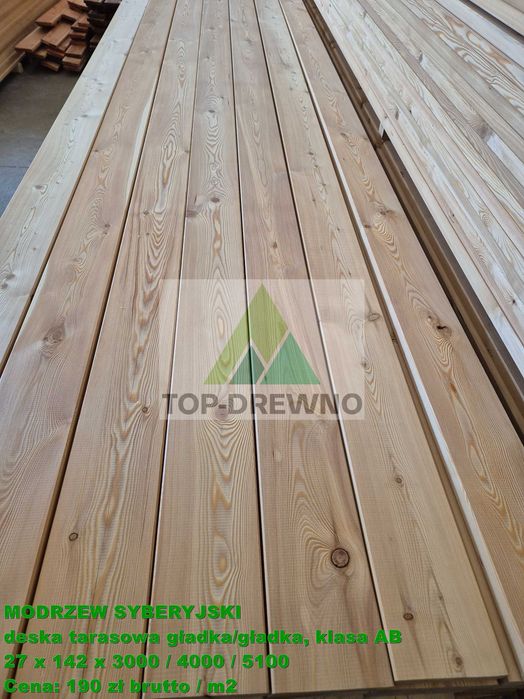 DESKA TARASOWA GŁADKA - 27x142x3000/4000/5100, modrzew syberyjski, kl. AB, TANIO