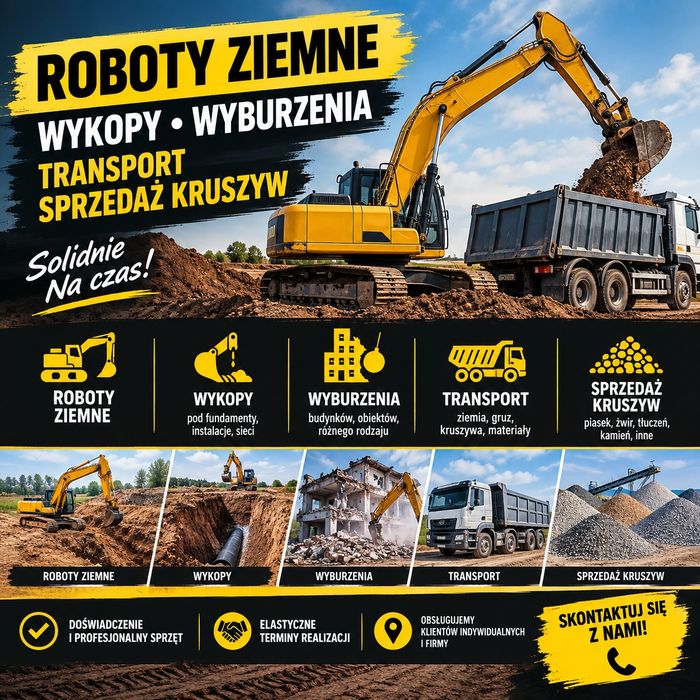 Roboty ziemne wykopy wyburzenia koparka ładowarka wywrotka czteroosiowa