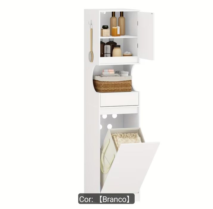 Armário de Casa de Banho Branco com Cesto de Roupa