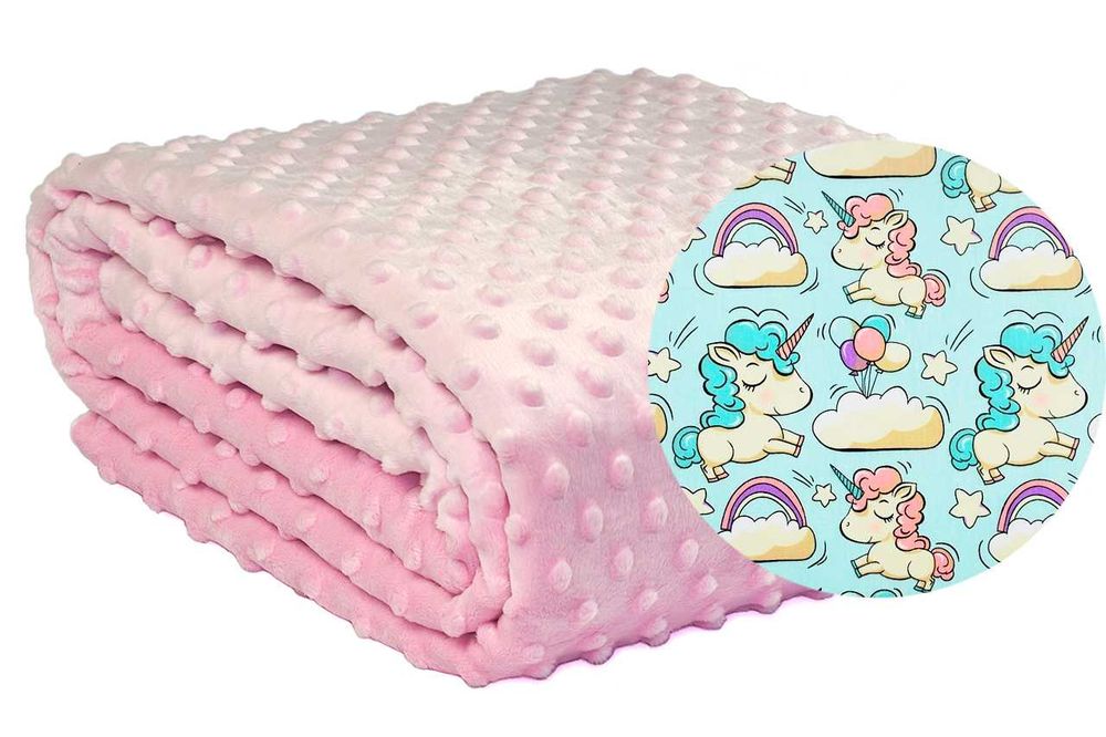Dwustronna Dziecięca Narzuta Koc Łóżko 140x200 Minky Różowa Jednorożce