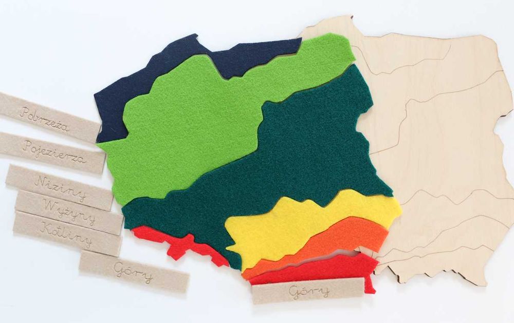 Krainy geograficzne, mata z podpisami pomoc Montessori