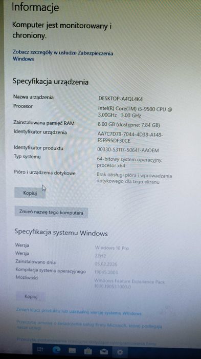 Zestaw komputerowy Lenovo M920S Intel i5-9500 8GB 256GB SSD