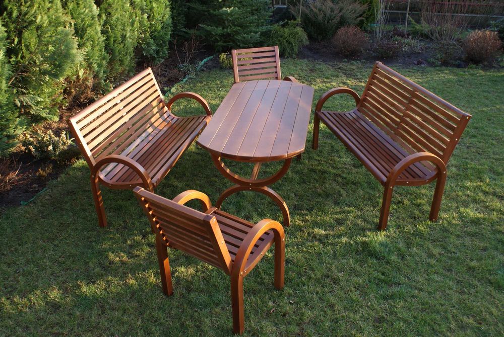 meble ogrodowe, huśtawka, donice drewniane