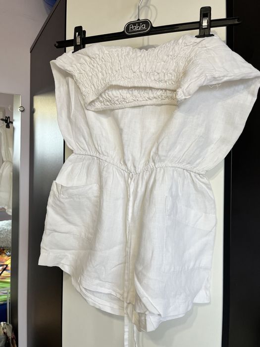 lniany biały kombinezon spodnium krótkie spodenki z kieszeniami xs