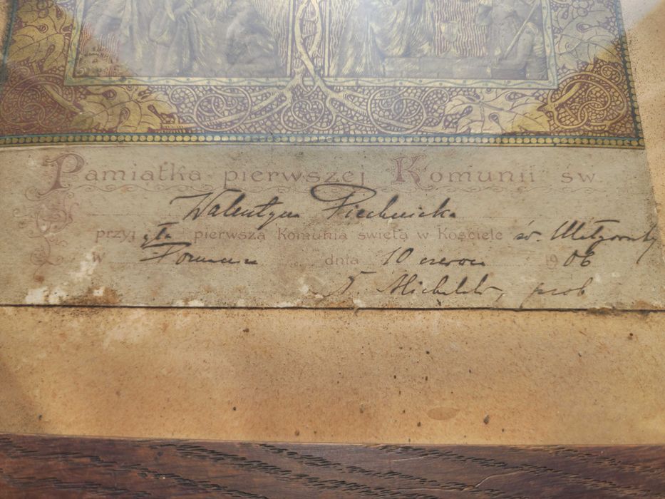 Antyczny, stary obraz religijny pamiątka z Pierwszej Komunii z 1906r.