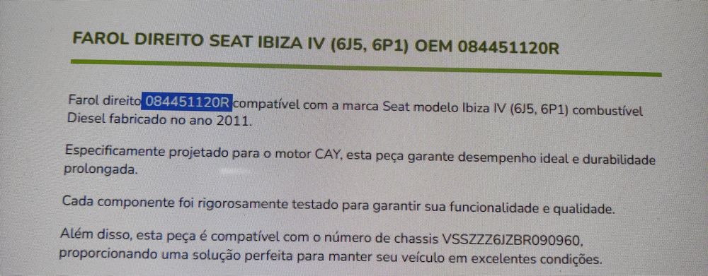 Farol Novo para SEAT Ibiza, diesel fabricado no ano 2011.