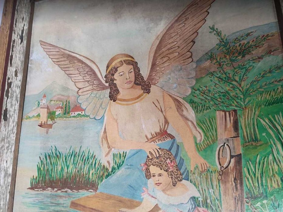 Art deco,obraz,olej,Anioł Stróż pilnuje dziecko