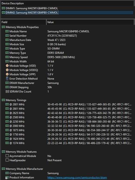 Оперативна пам'ять для ноутбука 16 Гб DDR5 5600 MHz (2x8 Гб) Samsung