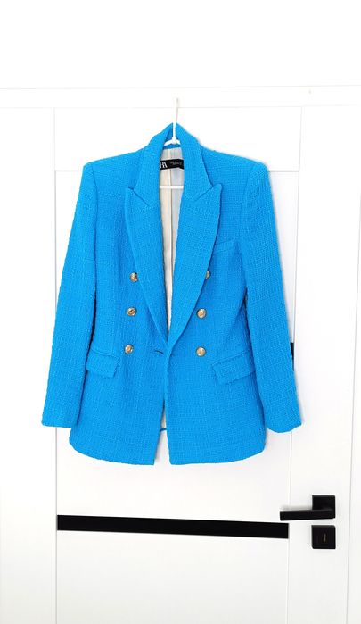 Zara 100% Bawełna niebieski tweedowy garnitur zestaw marynarka + spódn