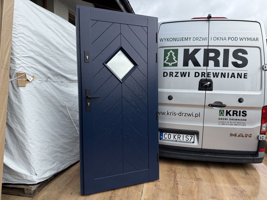 Drzwi zewnętrzne drewniane granatowe dowolny kolor dostawa i montaz cała Polska
