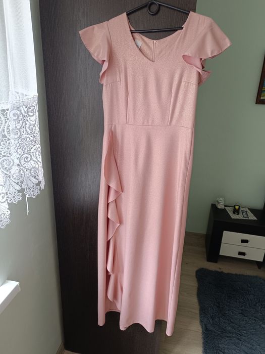 Sukienka pudrowy róż 38 M długa ze złotem
