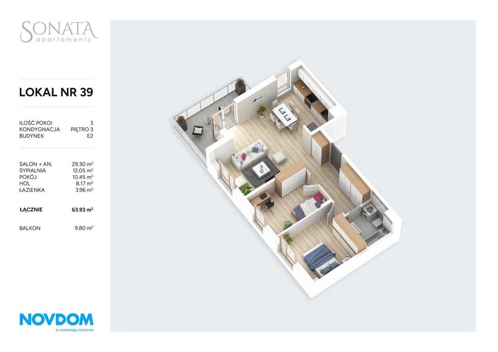 3 pokojowe mieszkanie 63 m2 z balkonem - Apartamenty Sonata - Szczytno