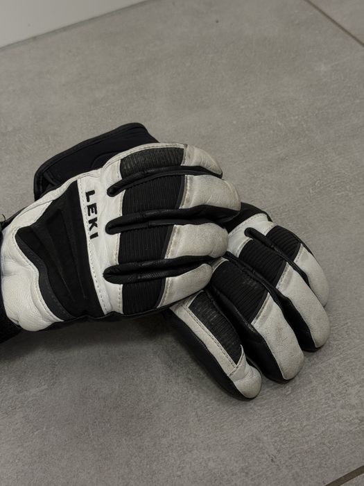 Rękawiczki skorzane narciarskie- Gloves  Leki Griffin S White Black Graphite (zapinki do kijkow)