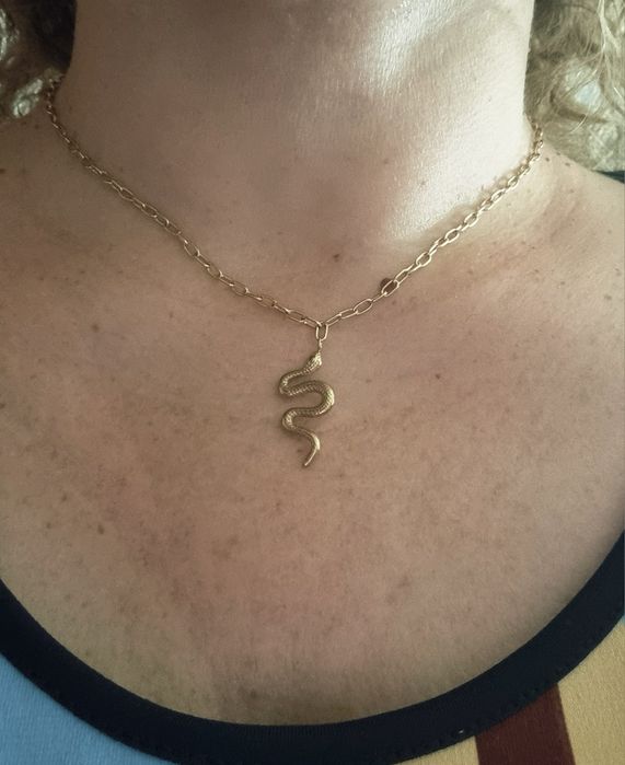Colar dourado, em aço, com pingente em formato cobra. Tem extensor