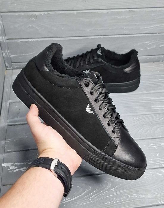 Кожаные замшевые мужские черные зимние низкие кеды кроссовки на меху!