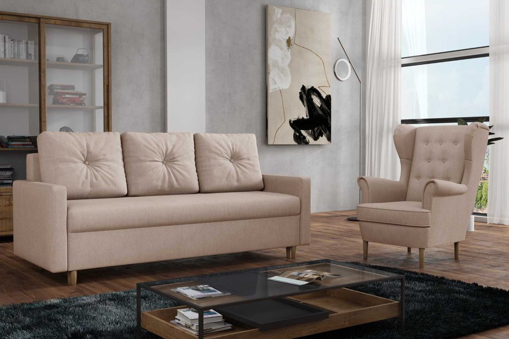 Zestaw komplet wypoczynkowy kanapa Skandynawska i fotel Uszak. Sofa