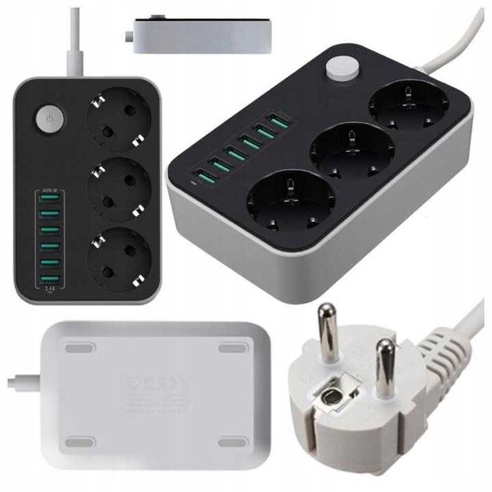 Listwa zasilająca przedłużacz 6 portów usb 3 gniazda sieciowe zasilacz włącznik
