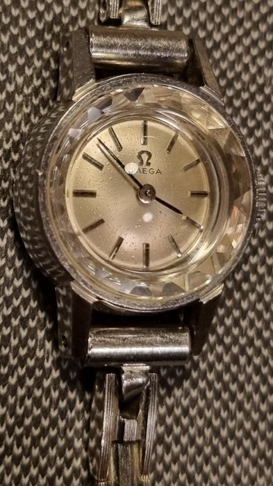 Omega Silver Dial Cut Glass Antique