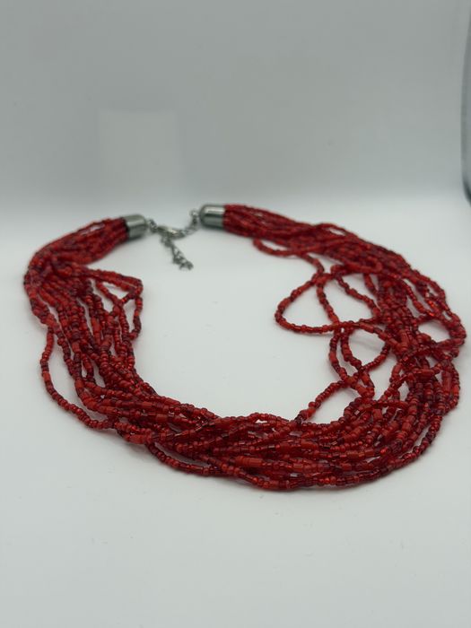 Naszyjnik damski koraliki wielorzędowy boho statement czerwony elegancki regulowany