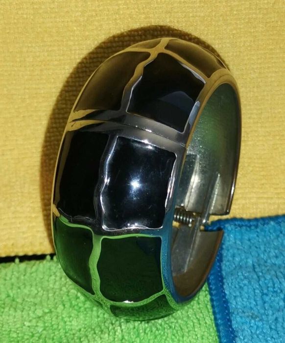 Pulseira Art Déco Antiga/Vintage em metal prateado com esmalte preto