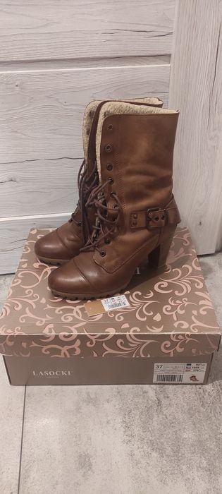 Buty Lasocki botki kozaki 37 skóra brązowe brąz wiązane obcas na obcas