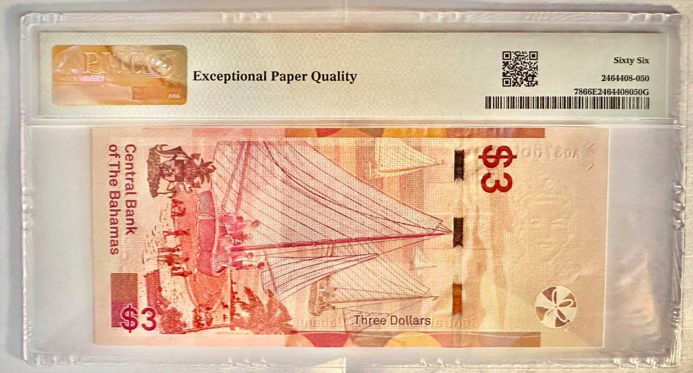 Nota das Bahamas – 3 Dólares 2019 – Pick# 78 (PMG 66 EPQ Gem Unc)