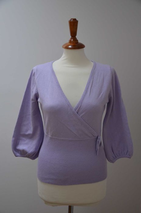 sweter New Look dekolt V liliowy retro bufiaste rękawy S/M 36/38
