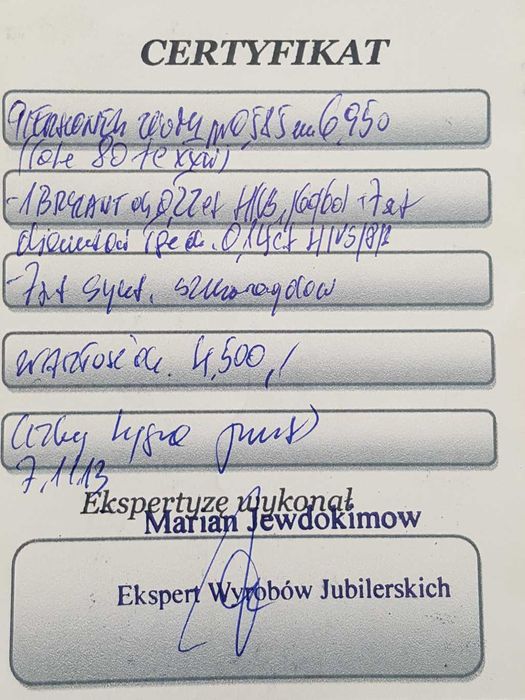 Złoty pierścionek autorski z brylantem, diamentami i szmaragdami