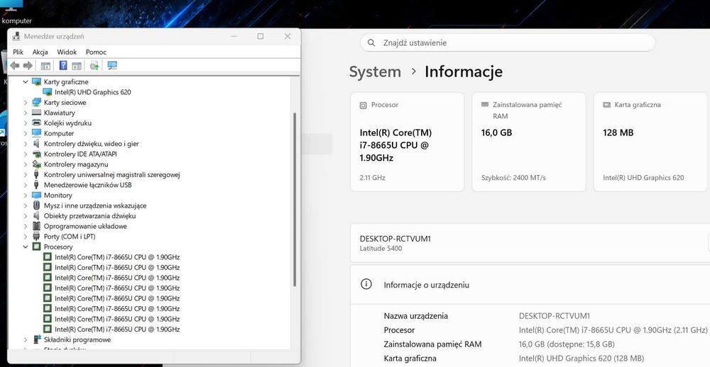Dell Latitude 5400 / i7-8665U / 16GB RAM / SSD NVMe 256GB / Full HD / Win 11