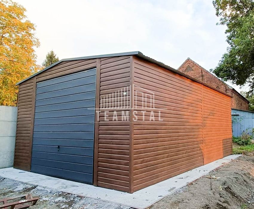 GARAŻ BLASZANY 5m x 7m dwuspad - Brama - ciemny orzech TS236 5x7