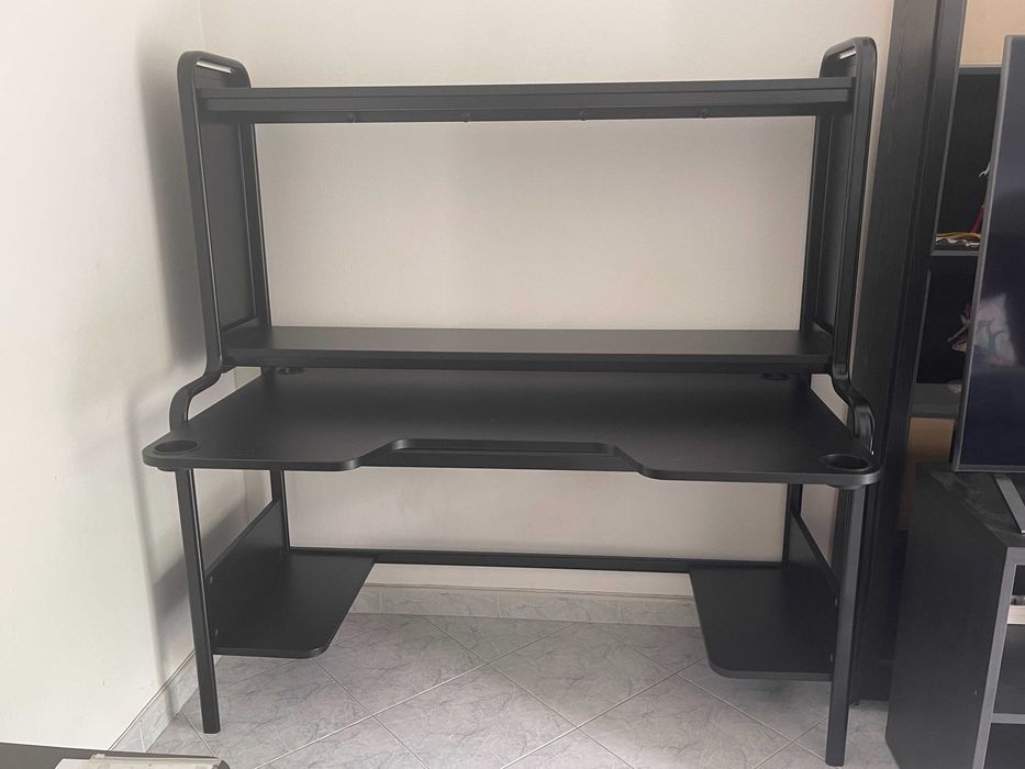 Secretária p/gaming, preto, 140/185x74x146 cm