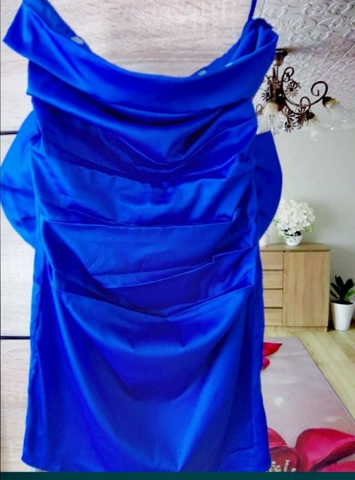 Elegancka sukienka wieczorowa niebieska kokarda tren wesele L