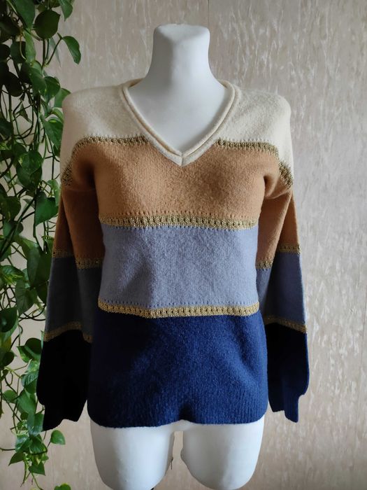NOWY granatowy brązowy złoty ciepły sweter dekolt V  36/38 S/M Rainbow