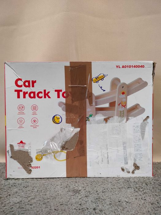 Drewniany tor wyścigowy z 4 samochodami, zabawka edukacyjna