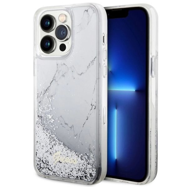 Etui Guess Liquid Glitter Marble na iPhone 14 Pro Max - białe