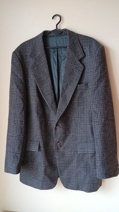 Granatowa wełniana marynarka oversize w kratę, 100% wełna, rozmiar L