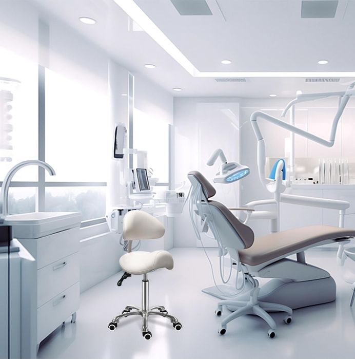 Krzesło Antlu Saddle z oparciem, ergonomiczne, rolowane, do salonu tatuażu, spa, kliniki dentystycznej (regulowane oparcie, białe)