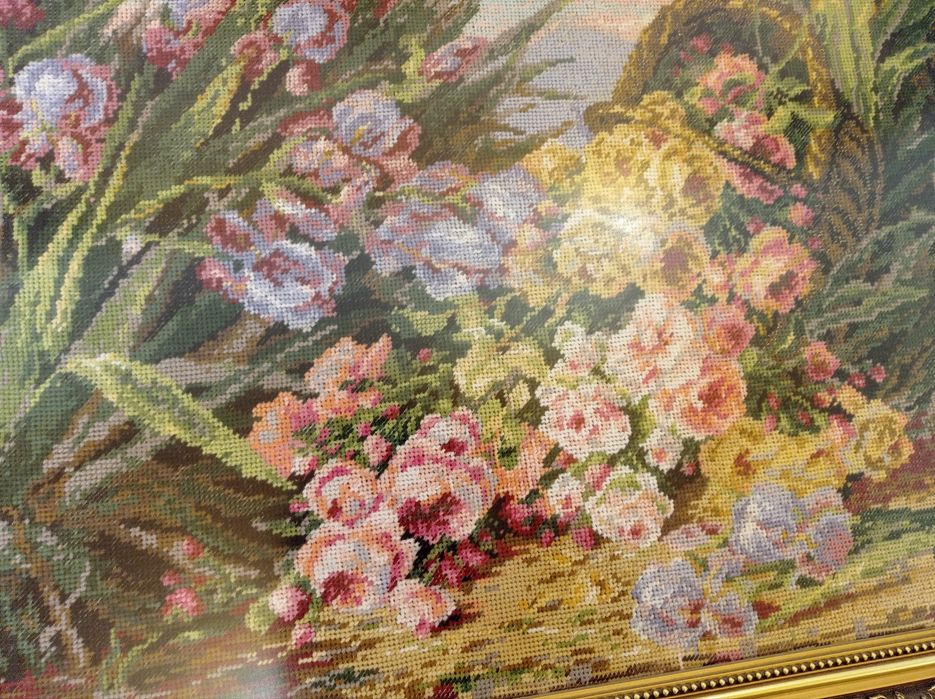 Obraz haftowany kwiaty w koszu / irysy