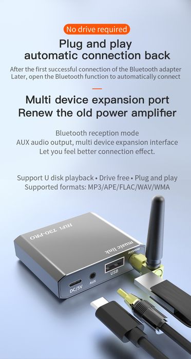 Bluetooth 5.2 аудио приёмник USB, беспроводной ресивер, микрофон,аккум